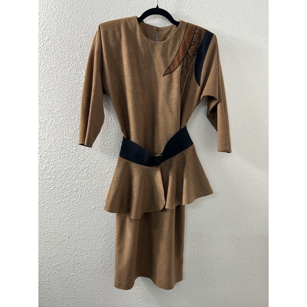 Grapevine Ltd. Brown Faux‎ Suede Peplum Dress with Black Accents Size 5